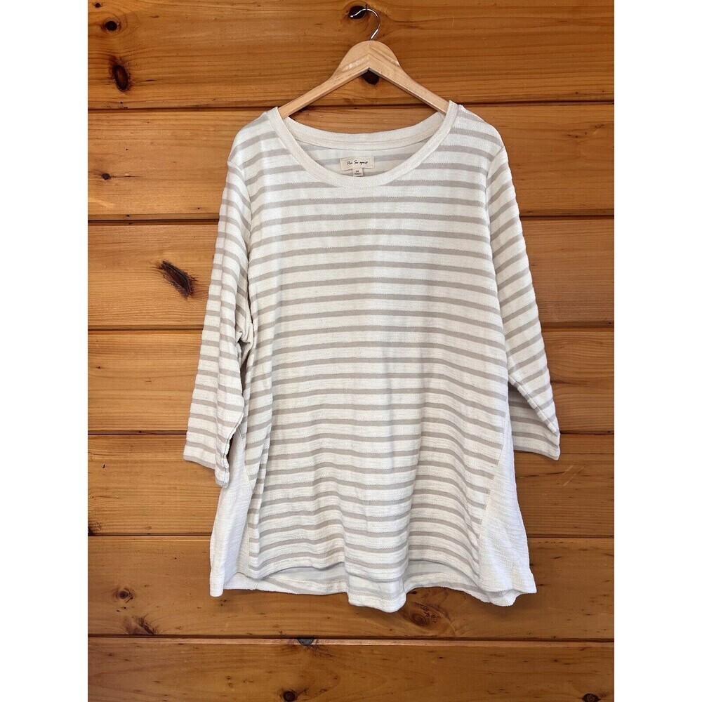 Per Se Top Womens 3X Textured Stripe Terry Cream Gray Long Sleeve Comfort